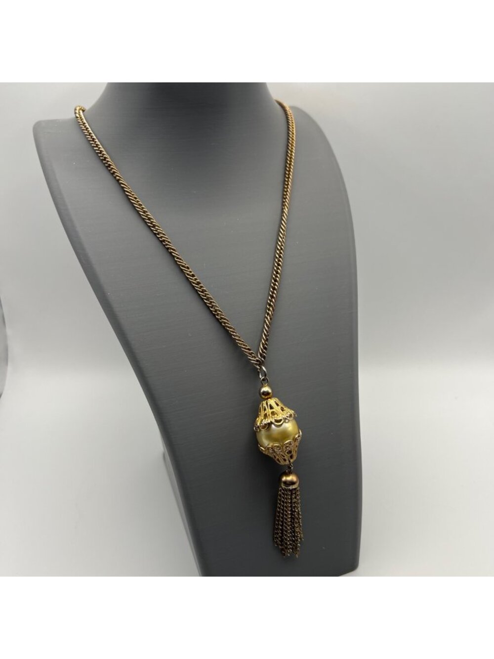 Vintage Gold-Tone Necklace Filigree Faux Pearl Tassel 3.25" Pendant 28" Chain